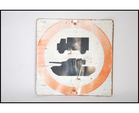 A vintage mid 20th century enamel painted metal street warning sign - believed to be from Salisbury plains warning traffic fo