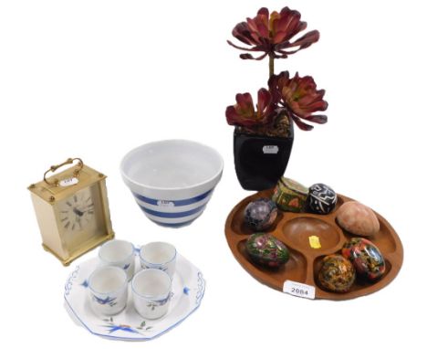 Carved wooden tray, painted Oriental style eggs, carved stone eggs, mantel clock, TG Green bowl, artificial flower, etc. (a q