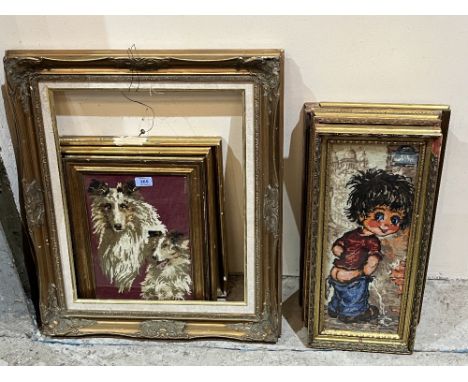 A collection of framed tapestry pictures with a gilt frame