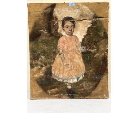 ENGLISH NAIVE SCHOOL. 19TH CENTURY  Portrait of a young girl, she standing full length in a landscape. Oil on canvas 25½' x 2