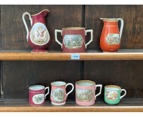 Two 19th century Prattware jugs and five mugs