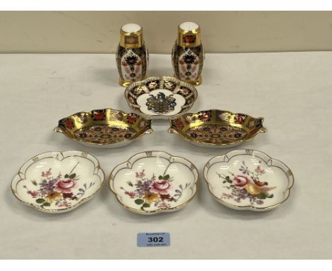 Royal Crown Derby. A Japan pattern pepperette and salt shaker; three Derby Posies dishes; a pair of Japan pattern dishes and 