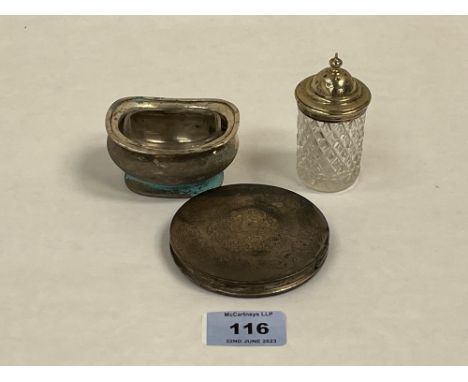 A George VI silver powder compact, London 1946; a George V silver salt, Sheffield 1921 and a glass pepper caster