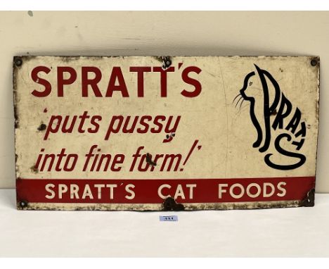 Vintage Enamel Sign. Spratt's Cat food, 'Spratt's puts pussy into fine form!' 12' x 24'