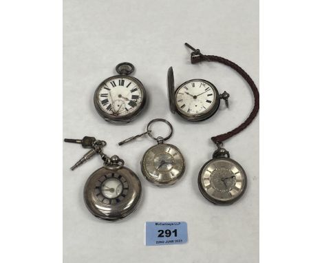 Four silver cased lever watches and a silver cased keyless watch. (A.F.)