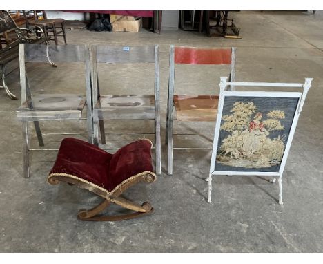 A gout stool; a metal firescreen and three folding chairs. (5)