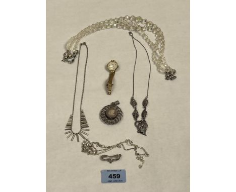 Five items of silver jewellery; a plated lady's wristwatch and a bead necklace