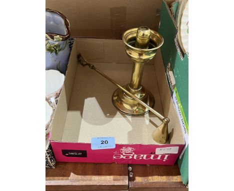 A brass student's candle lamp with a brass candle snuffer 