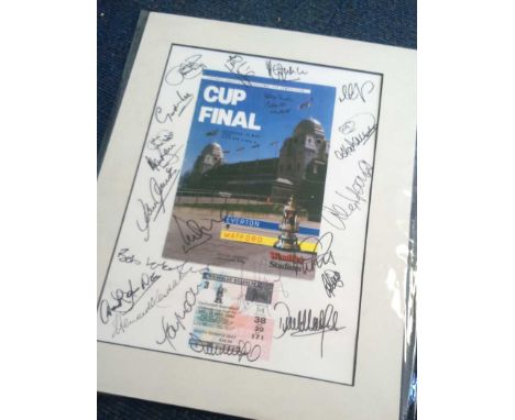 Everton footballers signed print. Large print of a reproduction of the 1984 FA Cup Final programme and ticket. Mounted, measu