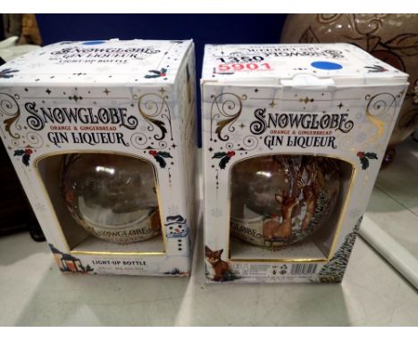 Two new and boxed snow globe gin liqueur light up bottle. UK P&amp;P Group 3 (£30+VAT for the first lot and £8+VAT for subseq