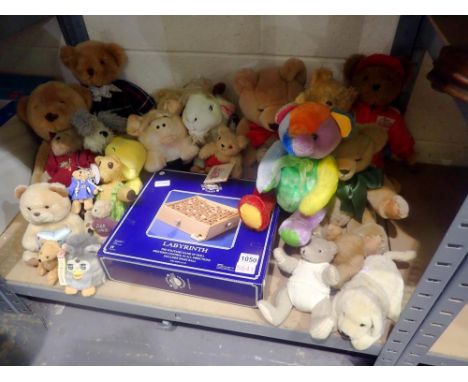 Shelf of bears/plush toys including a mini Furby. Not available for in-house P&amp;P 