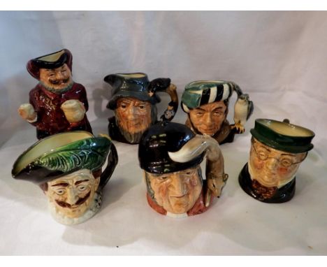 Six Royal Doulton character and Toby jugs to include RIP Van Winkle. UK P&amp;P Group 3 (£30+VAT for the first lot and £8+VAT