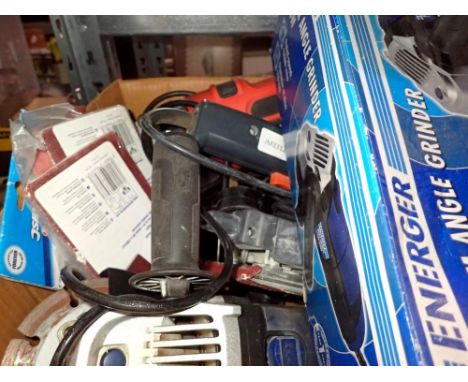 Ferm VM-150 sander with additional sheets, Black &amp; Decker hammer drill and an angle grinder. All electrical items in this