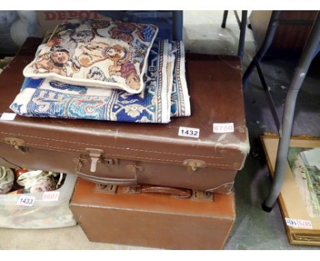 Three vintage leather suitcases and a patterned rug and cushion. Not available for in-house P&amp;P 