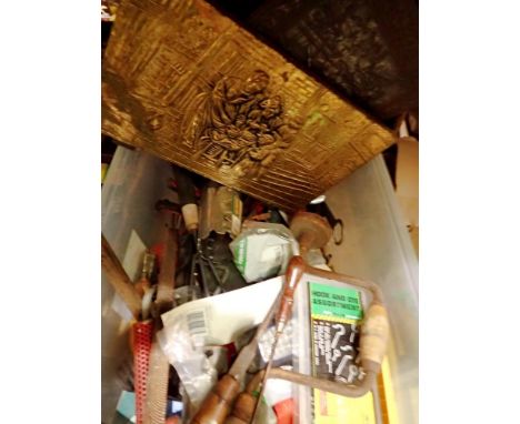 Box of mixed tools and brass paper rack. Not available for in-house P&amp;P 