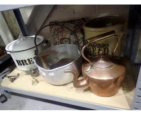 Shelf of two large bread bins, ceramics and metals. Not available for in-house P&amp;P 