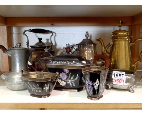 Shelf of mixed metal ware to include copper brass and pewter etc. Not available for in-house P&amp;P 