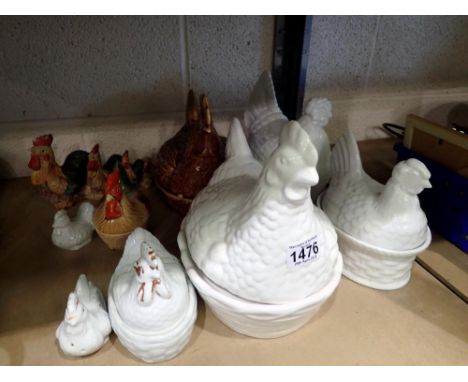 Shelf of mixed chickens in ceramic and glass. Not available for in-house P&amp;P 