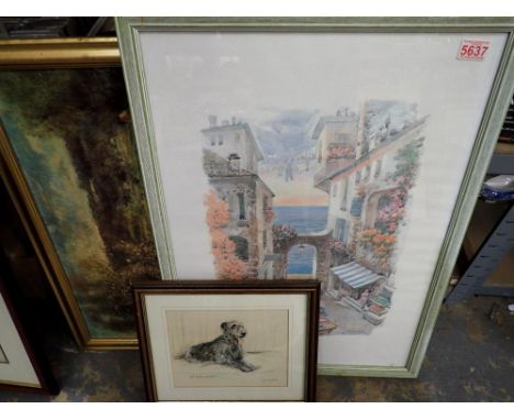 Three mixed pictures and prints, including a limited edition signed Gill Evans print and an oil on board, largest 55 x 75cm H
