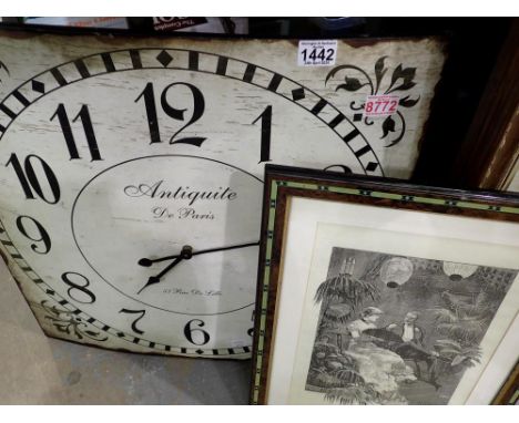 Antique Le Paris hanging wall clock and a print signed R. Catan Woodville. Not available for in-house P&amp;P 