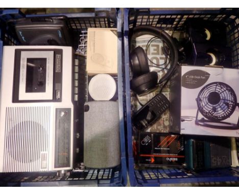 Two trays of audio equipment including Toshiba radio cassette player, headphones and speakers. Not available for in-house P&a