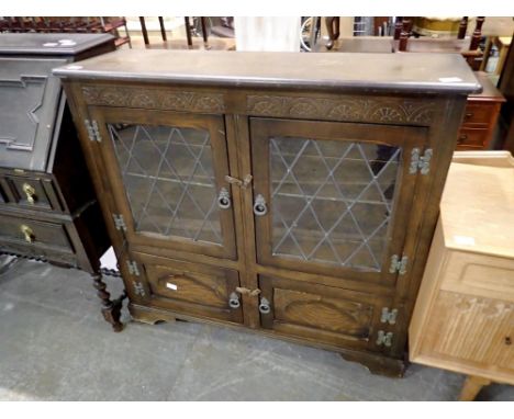 Oak display case with fitted light over two cupboards, 99 x 106 cm. Not available for in-house P&amp;P 