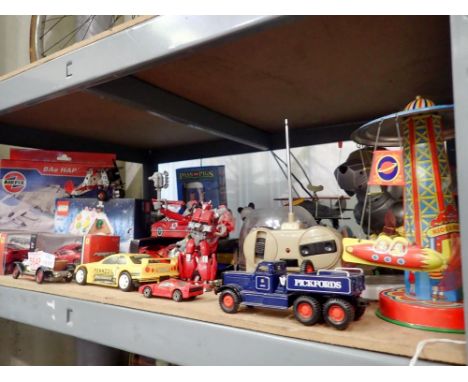 Shelf of toys including an Airfix kit and Bburago cars. Not available for in-house P&amp;P 