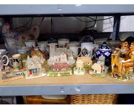 Shelf of mixed ceramics, commemorative cups and Lilliput Lane. Not available for in-house P&amp;P 