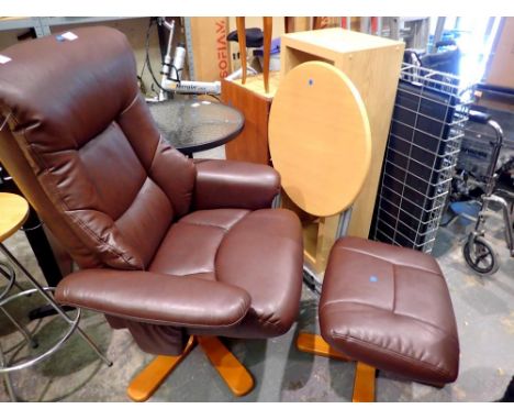 Brown leather office chair and a matching foot stool with wood tuned feet. Not available for in-house P&amp;P 