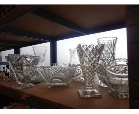 Shelf of mixed glass and crystal and a dolphin handled fruit bowl. Not available for in-house P&amp;P 