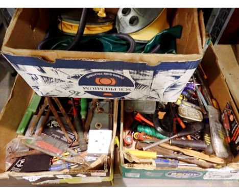 Three boxes of mixed hand tools and garage items to include two air pumps and air bed. Not available for in-house P&amp;P 