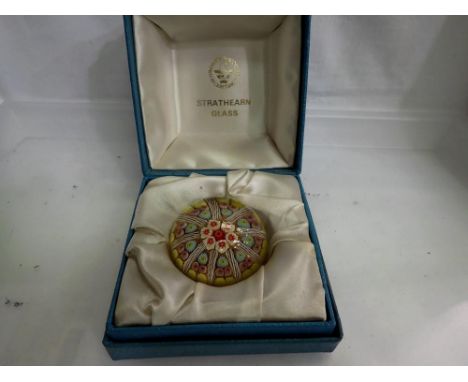 Boxed Strathearn Glass millefiori glass paper weight. UK P&amp;P Group 2 (£20+VAT for the first lot and £4+VAT for subsequent