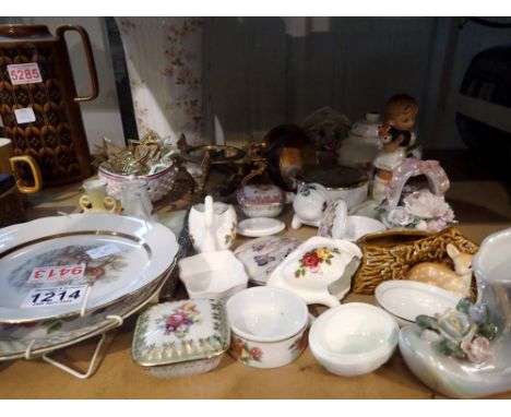 Quantity of decorative ceramics to include trinket bowls, thimbles, vases, plates, white metal brushes etc. Not available for
