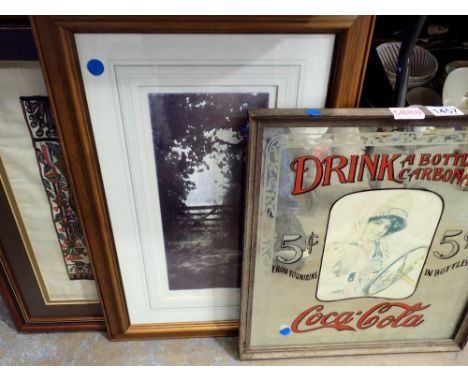 Wooden framed Coca-Cola Sale sign and two further prints. Not available for in-house P&amp;P 