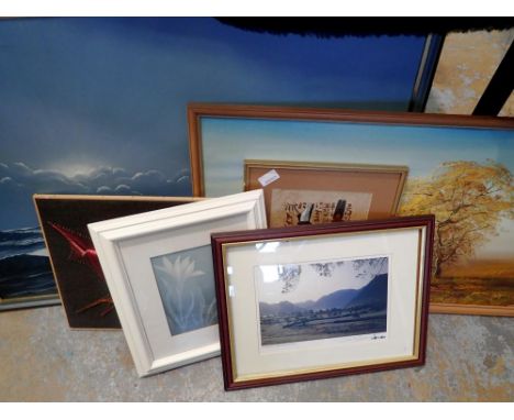 Quantity of pictures and prints including a large seascape oil. Not available for in-house P&amp;P 