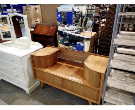 1950's teak dresser, with two cupboards, shelf, two drawers and a mirror, 73 x 113cm L. Not available for in-house P&amp;P 