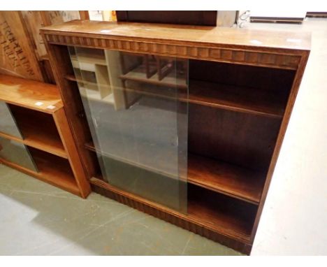 Oak four shelf bookcase with glass sliding doors, 25 x 120 x 120 cm. Not available for in-house P&amp;P 