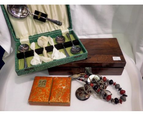 Locking jewellery box with contents and spoon set. Not available for in-house P&amp;P 