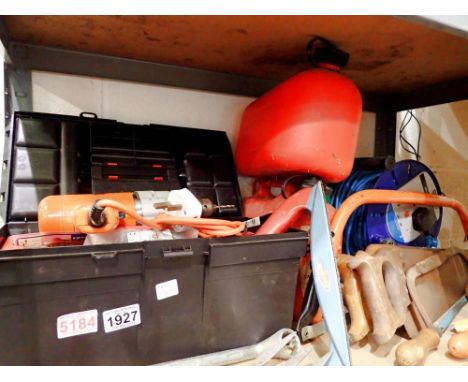 Shelf of tools including an electric drill and full toolbox. Not available for in-house P&amp;P 