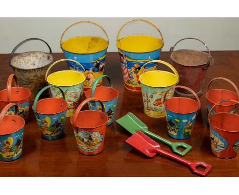 A collection of fourteen tin beach seaside buckets with looping handles to include two by Chad Valley, one indistinctly paint