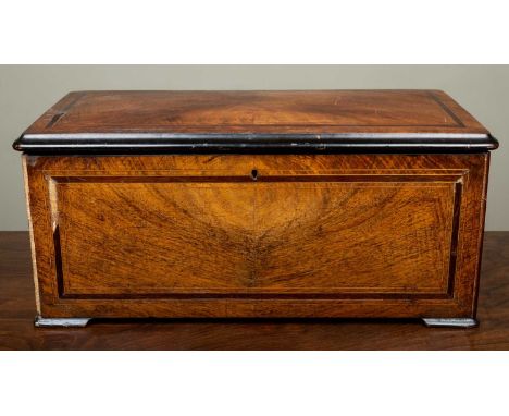 A 19th century continental walnut cased musical box playing six aires and with a cylinder and six bells, 55cm wide x 30cm dee