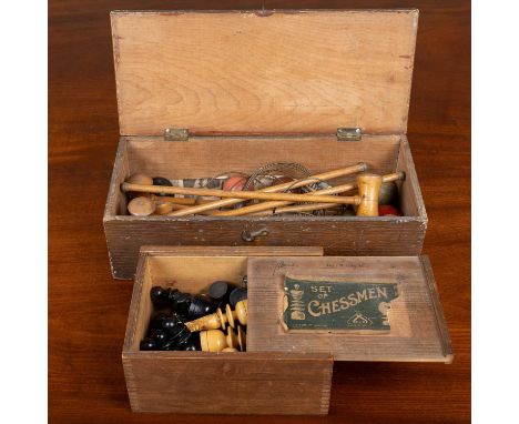 A tabletop croquet game and a chess set, the croquet set in a scumbled pine box, the chess set kings 9cm highThe croquet set 