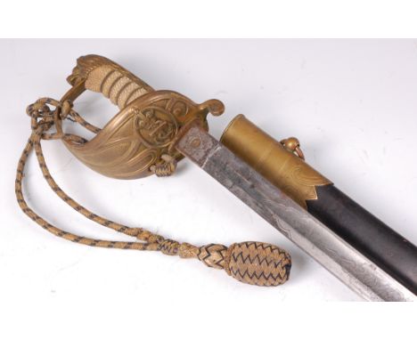 An 1827 pattern Naval Officer's sword, the 81cm slightly curved fullered blade etched with coat of arms and marked to the for