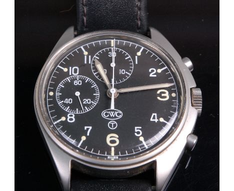 A gentleman's CWC (Cabot Watch Company) steel cased military chronograph wrist watch, having a black dial with Arabic numeral