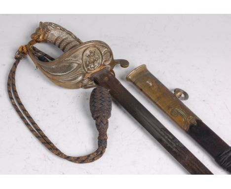 An 1827 pattern Naval Officer's sword, having a 77cm double edged fullered blade etched with a fouled anchor and foliage, mar