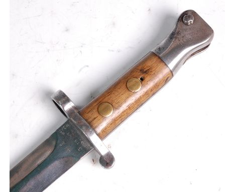 A British 1888 pattern bayonet, the 30cm double edged blade stamped to the ricasso 10' 93 Wilkinson with futher War Departmen