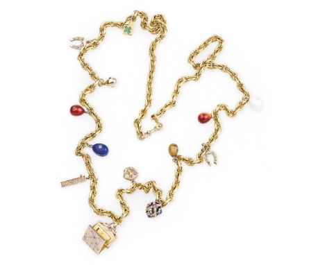  Thirteen Charms including a Fabergé Egg Pendant and a Commemorative Photograph Frame on Gold ChainCHAIN WITH MAKER’S MARK “I