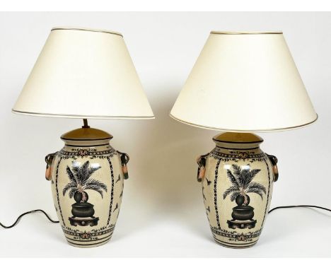 TABLE LAMPS, a pair, Italian style, palm tree design ceramic with shades, 70cm H. (2) 