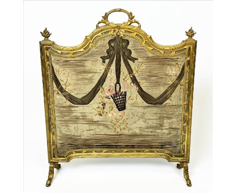 FIRE SCREEN, 70cm W x 81cm H, late 19th/early 20th century French gilt metal with silk embroidered panel. 
