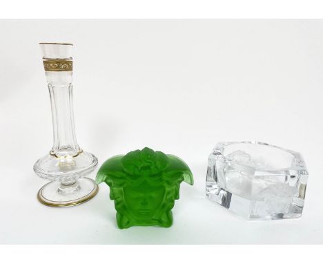 ROSENTHAL VERSACE MEDUSA PAPERWEIGHT, green crystal with a rosenthal clear crystal Versace medusa ashtray and a Saint Louis c